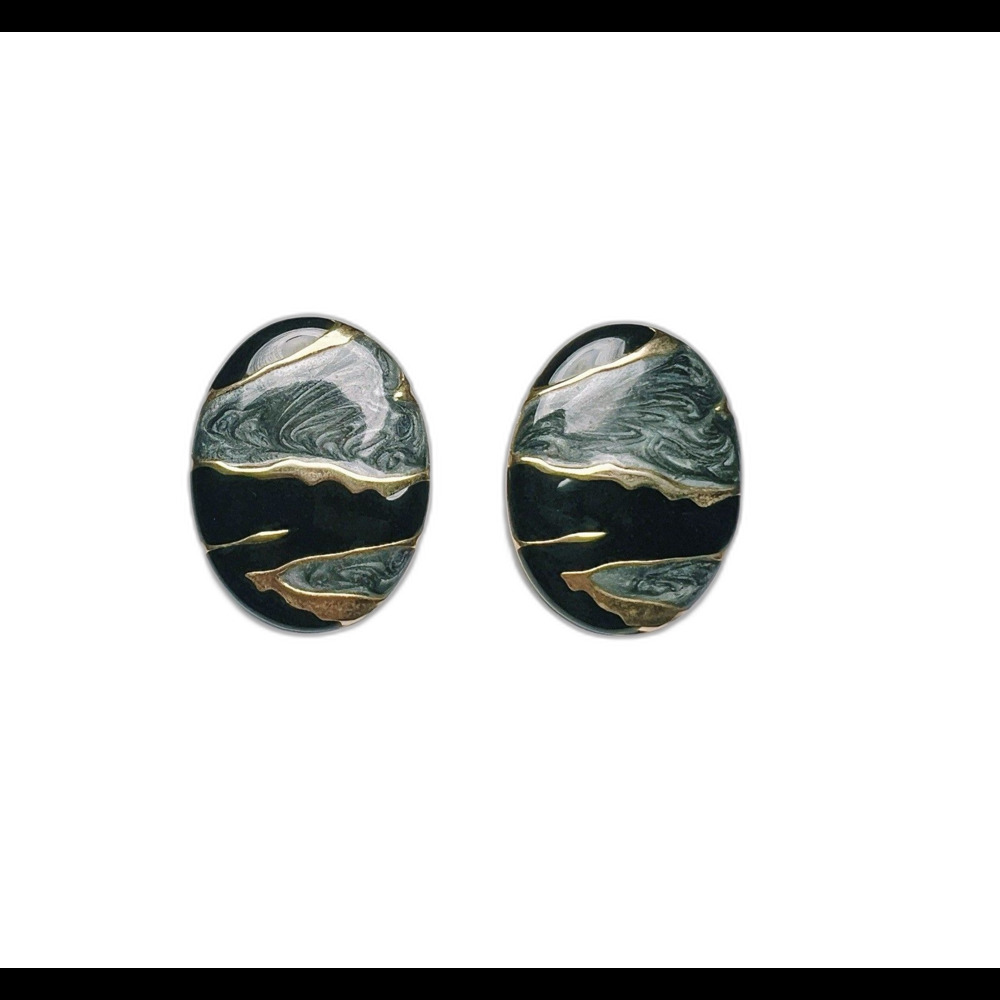 Vintage Earrings 80's Large Dark Academia Enamel Disc Jewelry